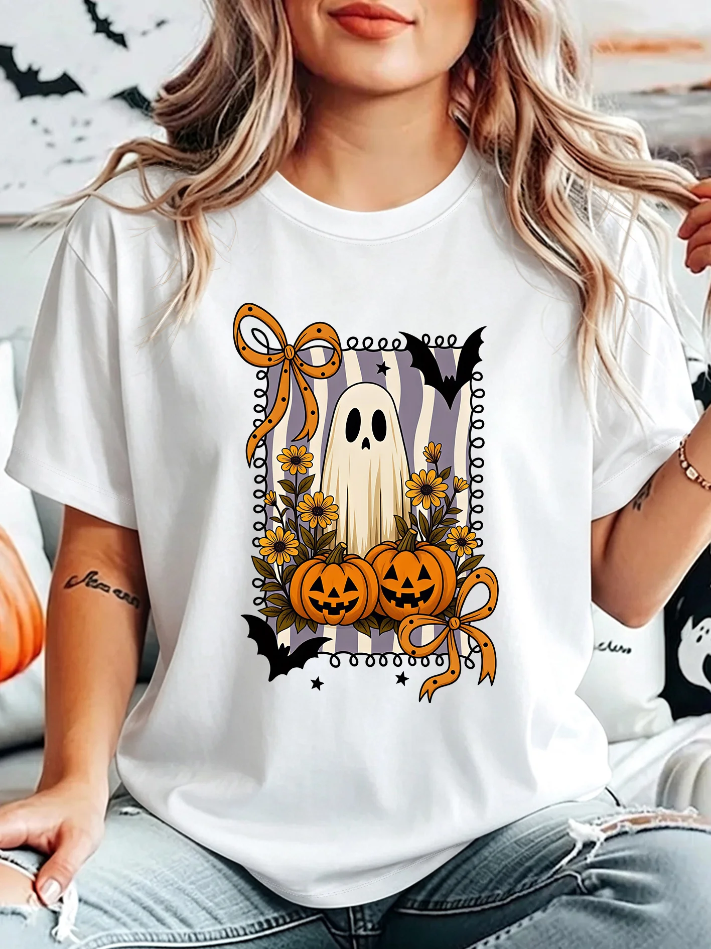 Halloween Ghost Pumpkin Bow Bat Floral Womens Crew Neck Short Sleeve T Shirt Retro Striped Frame Casual Graphic Tees For Ladies