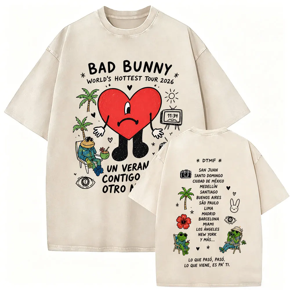 Washed Vintage Rapper Bad Bunny Un Verano Sin Ti DeBi TiRAR MaS FOToS DTMF World Tour 2026 T-shirt Men Fashion Hip Hop T Shirts