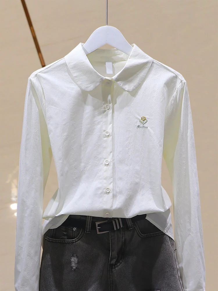 

Artistic Embroidered Long Sleeve Shirt Spring Autumn New Style Women's Doll Collar Versatile Commute Shirt Elegant Top