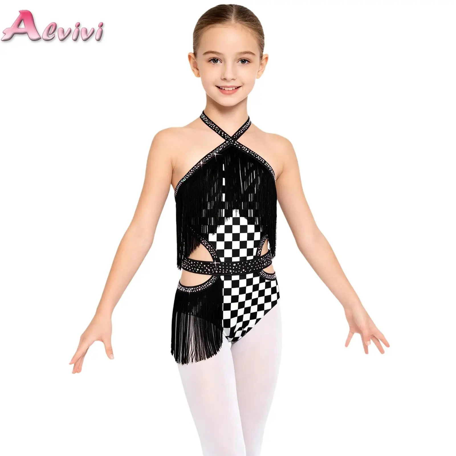 Kids Girls Latin Ballet Dance Tassels Bodysuit Sparkling Rhinestones Jumpsuit for Ballet Latin Dance Performance Competition