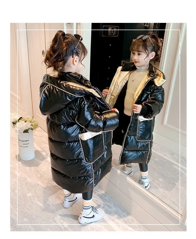 Girls' Bright Face Down Padded Jacket 2024 New Winter Children's Wash Free Padded Jacket Long Winter Sea Tide