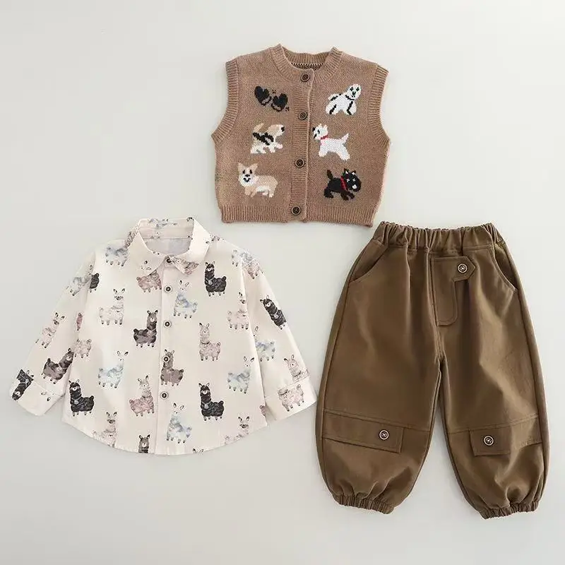 طفل الفتيان الملابس مجموعة الربيع والخريف جديد الأطفال سترة طويلة الأكمام قميص سترة القطن الخالص سراويل تقليدية 3 قطعة مجموعة