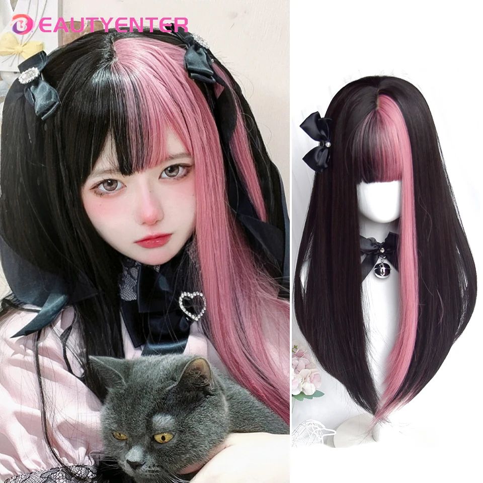 BEAUTYanyone-Perruque de Cosplay de Cheveux Naturels Lisses Noirs et Rouges avec Frange, Perruques Colorées de ixde Costume d'Halloween pour Femme