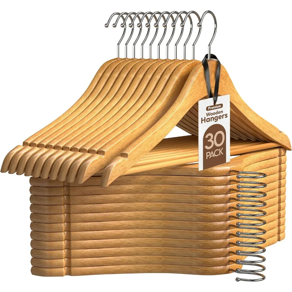 

Premium Wooden Hangers 30 Pack Heavy Duty 360 Rotating Hook Non-Slip Shoulder Notches for Shirts and Coats Natural Finish