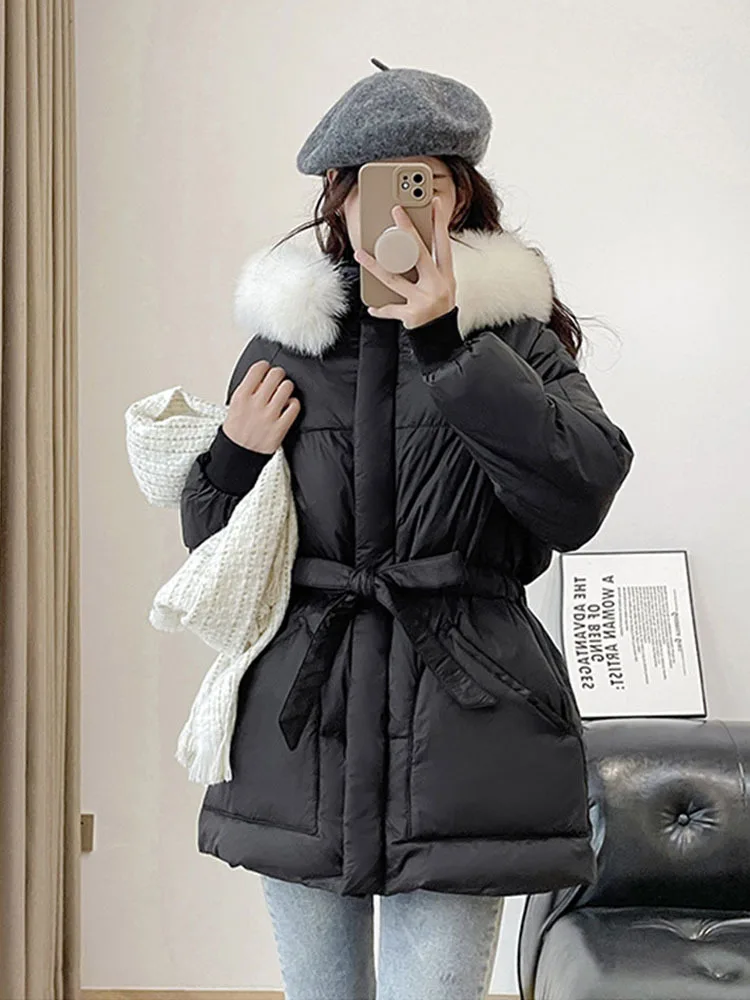 Parka femminile invernale 90% piumino d'anatra bianca grande collo in vera pelliccia di volpe con cappuccio caldo cappotto di piume da donna capispalla