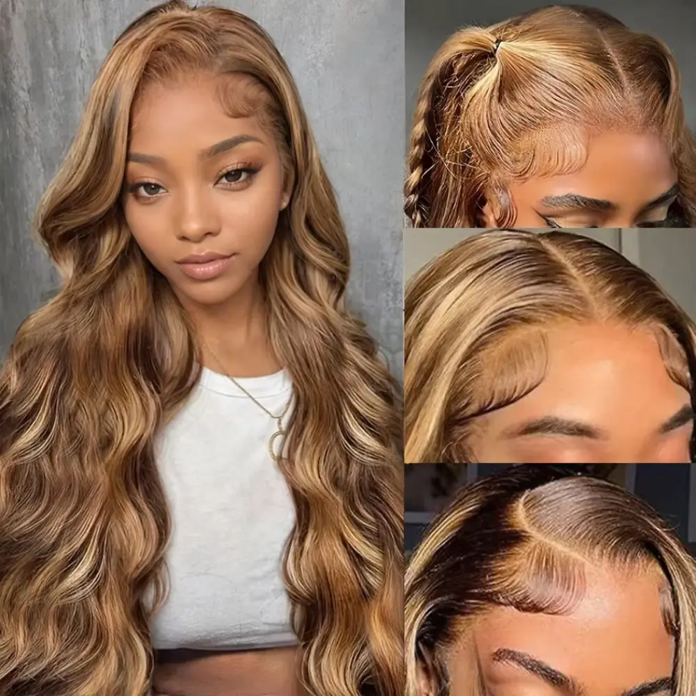 

13x4 13x6 Ombre HD Lace Front Wig Body Wave Highlight 4/27 Color Transparent Lace Frontal Human Hair Wigs For Women PrePlucked