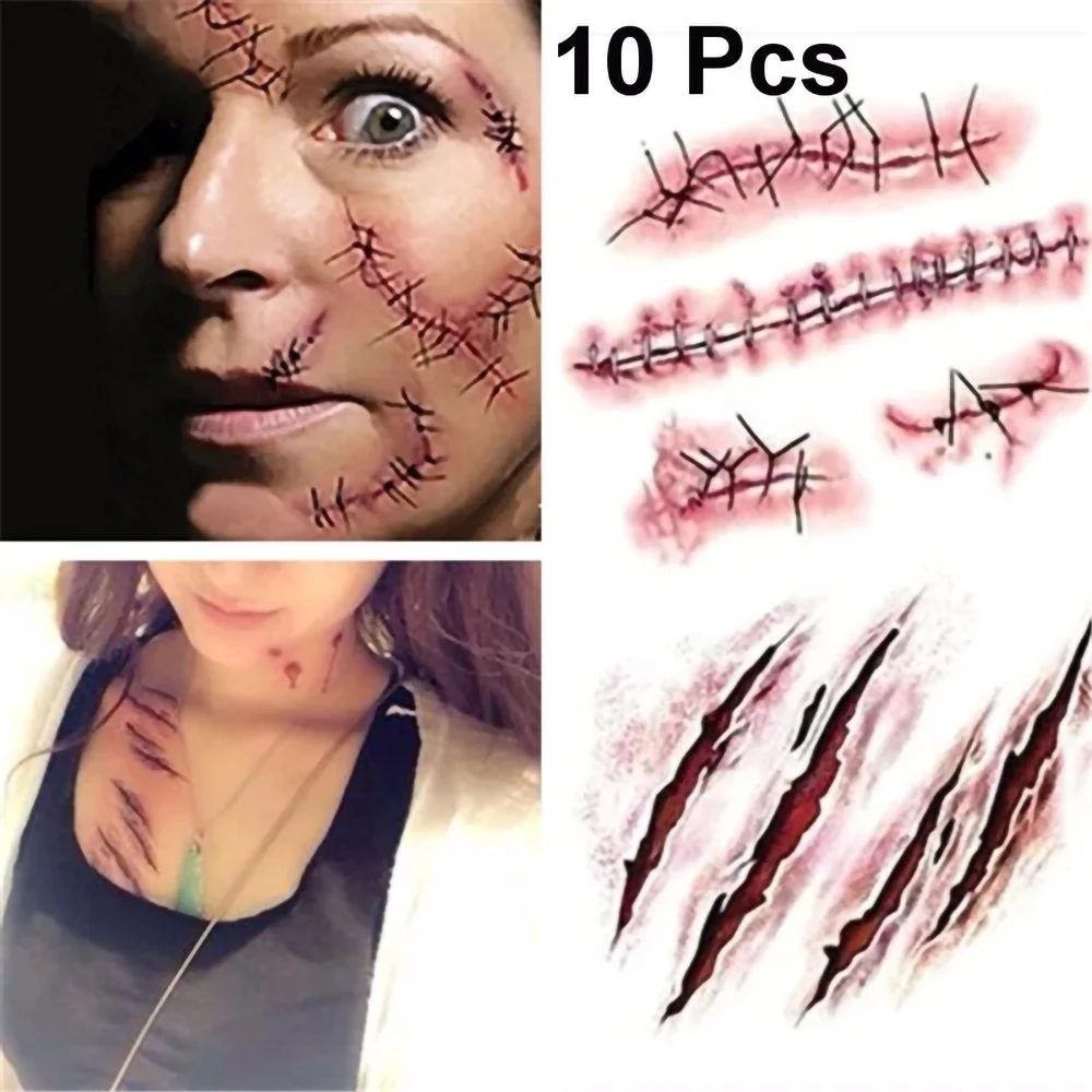 10pcs Halloween Tattoo Sticker Horror Bloody Wound Zombie Scar Waterproof Temporary Tattoos DIY Party Body Art Makeup Kids Adult