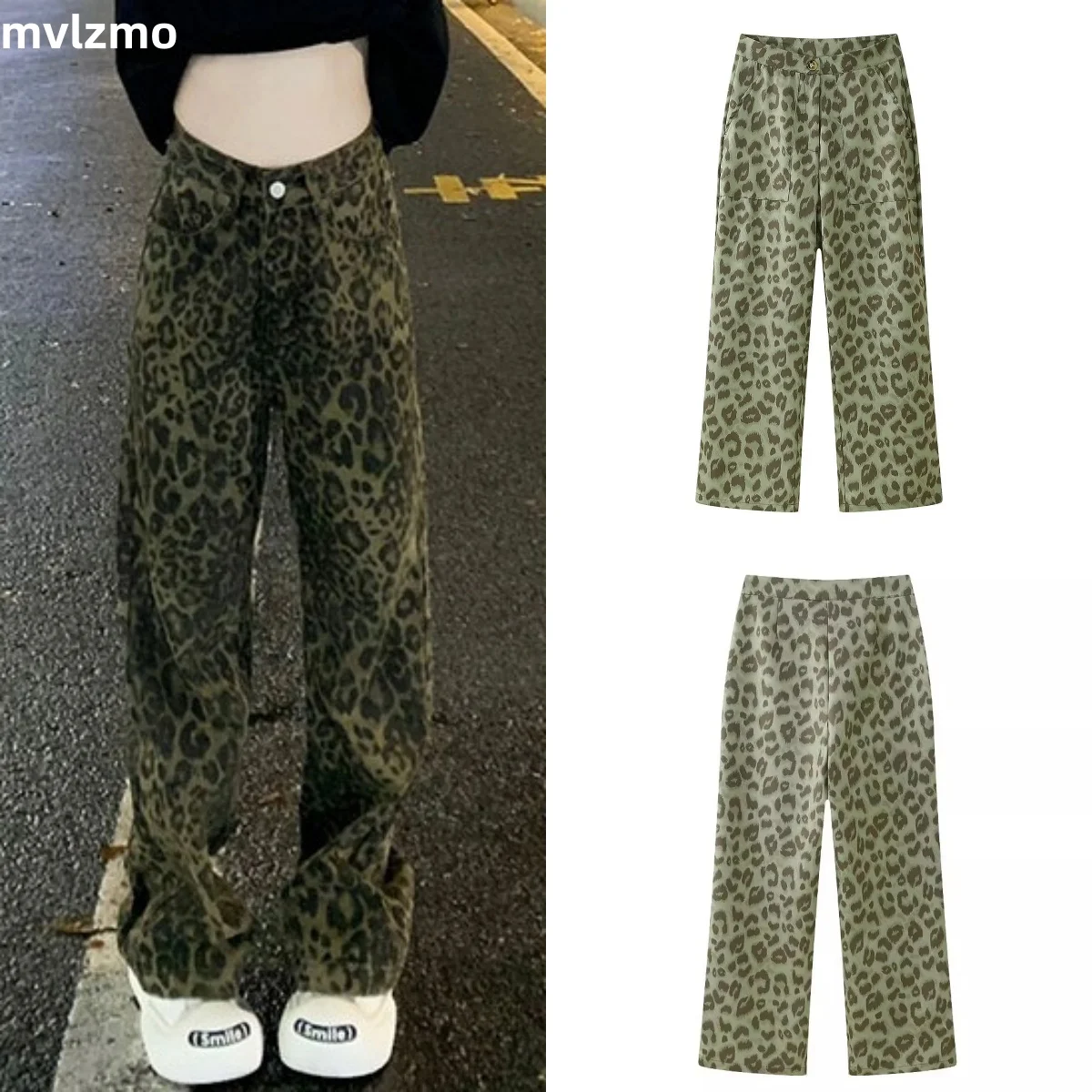 

2024 Women Vintage Leopard Print Side Pocket Straight Pants Female Chic Zipper Fly Long Trousers Pantalones Mujer