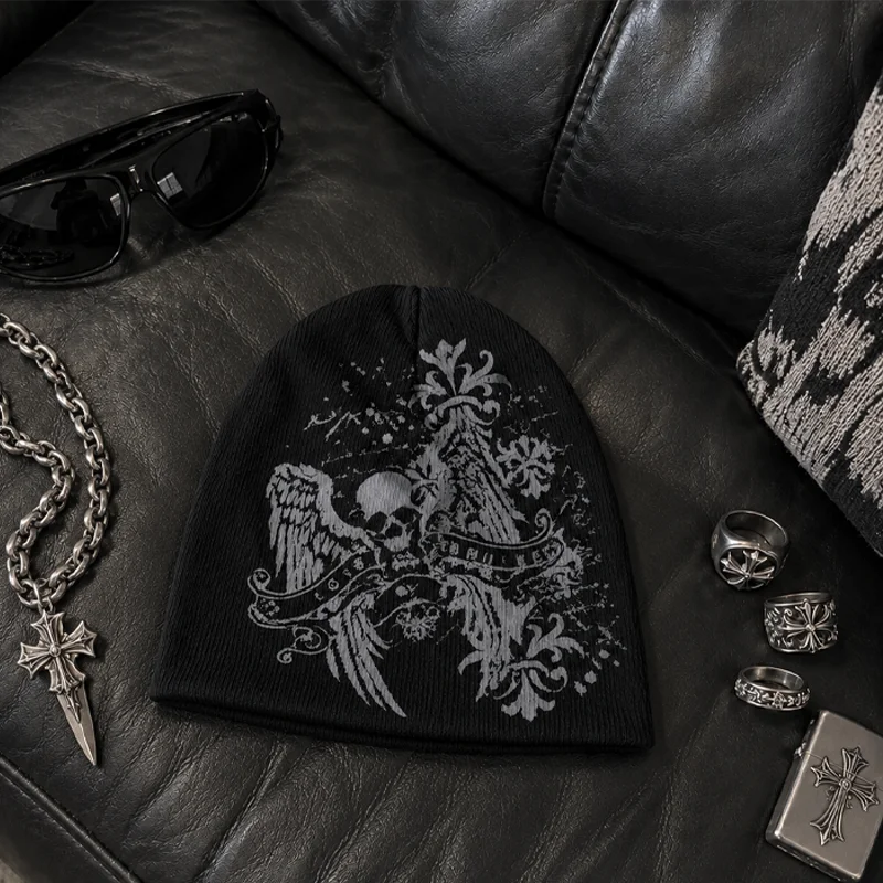 Winter Dark Retro Grunge Streetwear Skull‑Wing Scroll Print Ribbed Texture Stretchy Slouchy Knit Balaclava‑Style Beanie
