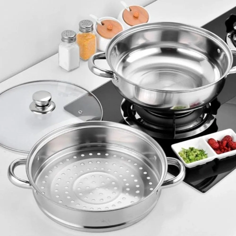 

Fish/Soup/Hot Pot Stainless Steel Steamer Stainless Steel Double Handle Steaming Cookware Silver Tempered Glass Lid