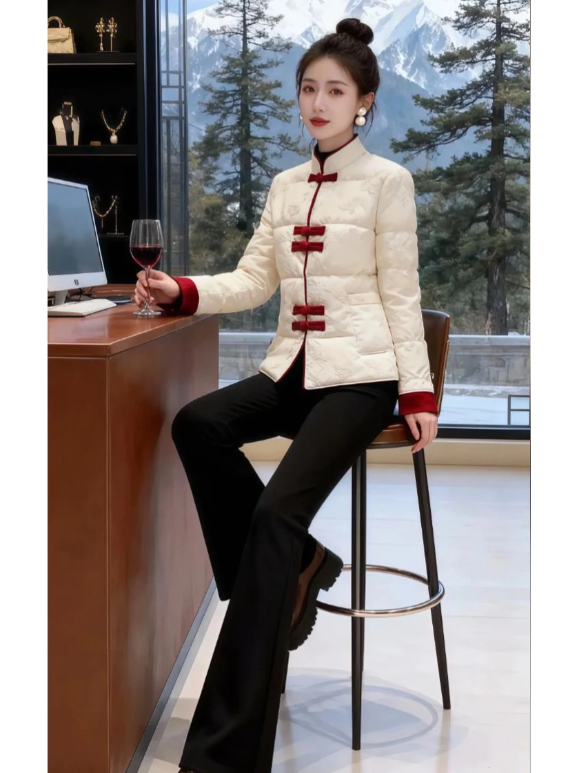 

Sli Thi Winter Coat Women's New 2026 Faionable Chinese Sle White Embroidered down Cotton Jaet High End Ele