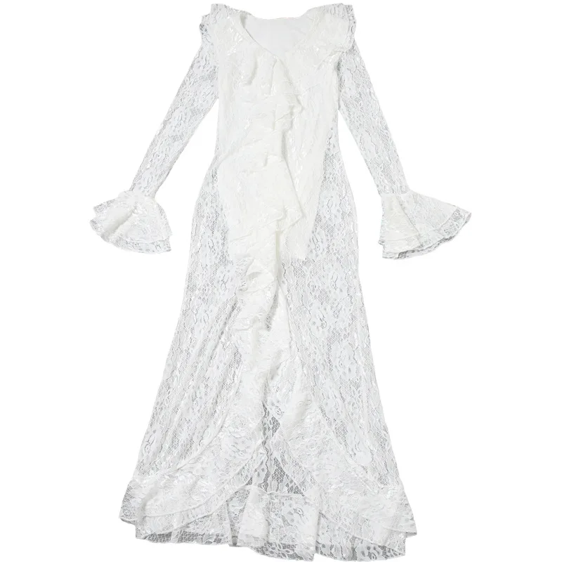 Frau Kleidung Rüschen Solide Weiß Spitze Kleid 2025, Herbst V-ausschnitt Flare Hülse Geraffte Hohe Schlitz Lange Maxi Hochzeit Party Kleider