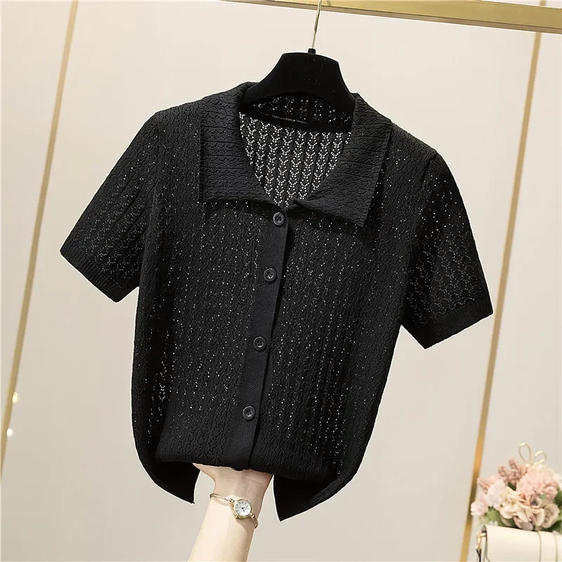 2024 Knitting Women\'s Ribbed Button Up Polo Shirt Female Chic Solid Short Sleeve Green Top Hollow Out Tees Purple Clothing ZL405