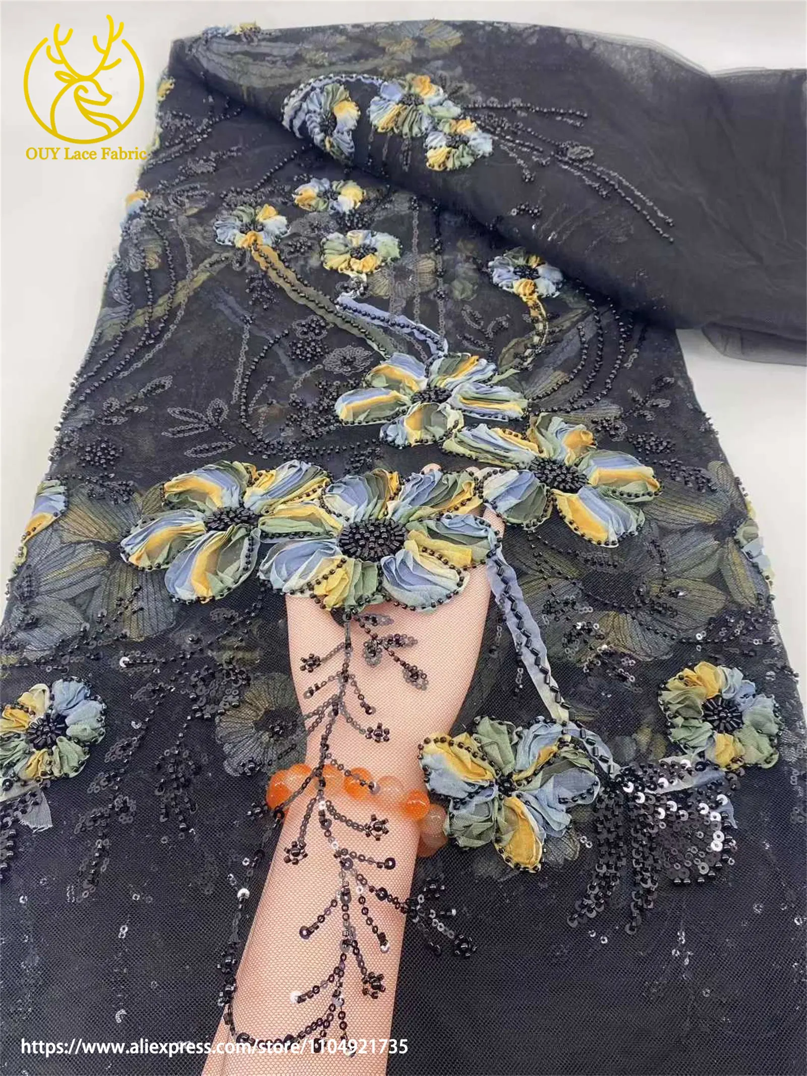 Modischer Afrikanischer Perlen-Netzstoff 2026 Französischer Nigerianischer Pailletten-Stickerei-Tüllstoff für Damen Hochzeitskleid Nähen – Detail 10
