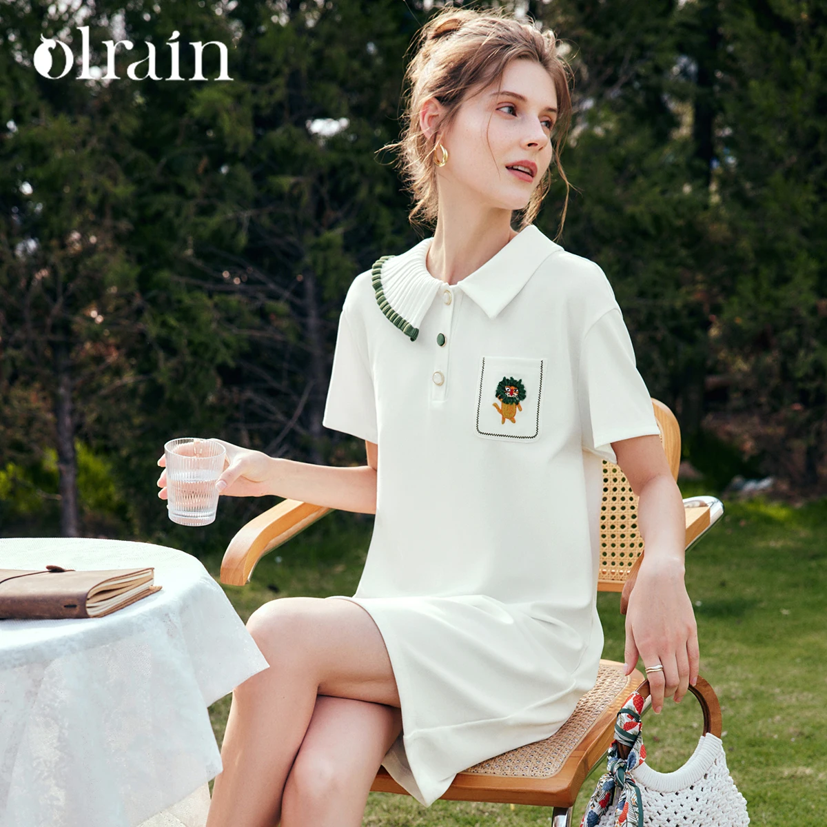 

OLrain Women's Straight Mini Dresses 2025 Woman Summer Short Sleeve Polo Collar White Embroidery Elegant Ladies Dress O57XL61801