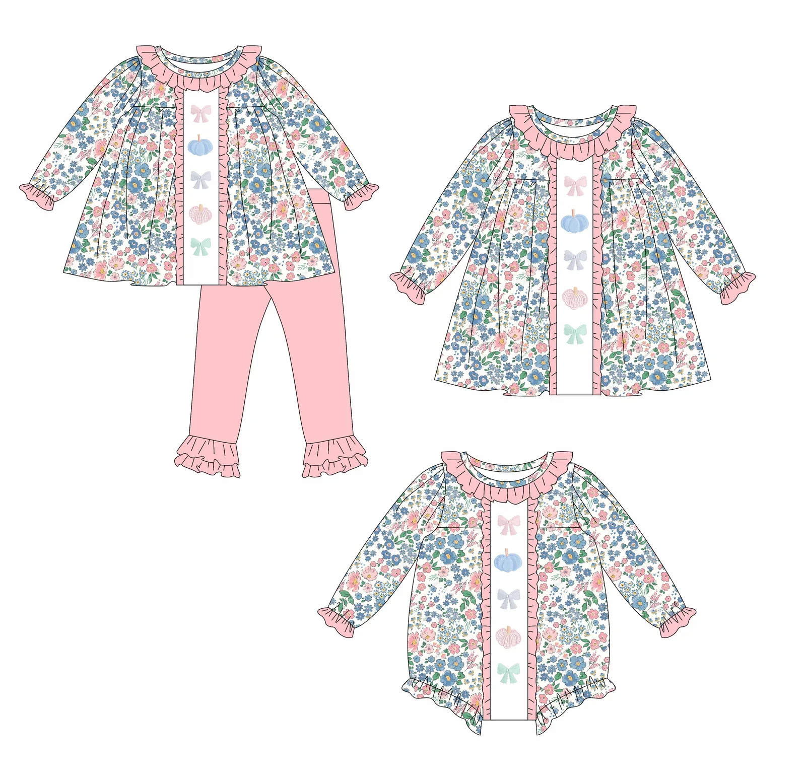 

Fashion Girls Thanksgiving Outfit Long Sleeve Girls Suit Baby Bodysuit Floral Print Dress Matching Sister Outfit