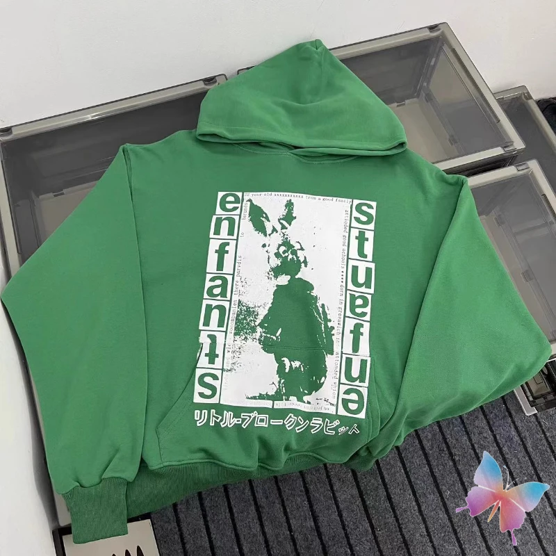 Sweat à Capuche Vert pour Homme et Femme, Imprimé Rétro Lapin Illustration, Carte d'Épissage Lettre ERD PVD, en Stock