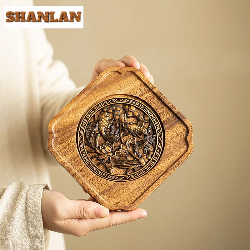 Handmade Walnut Wood Pot Bearing Holder Alloy Lotus Fish Tea Mat Base Dry Soaking Table Tea Board Kungfu Teaset Accessories