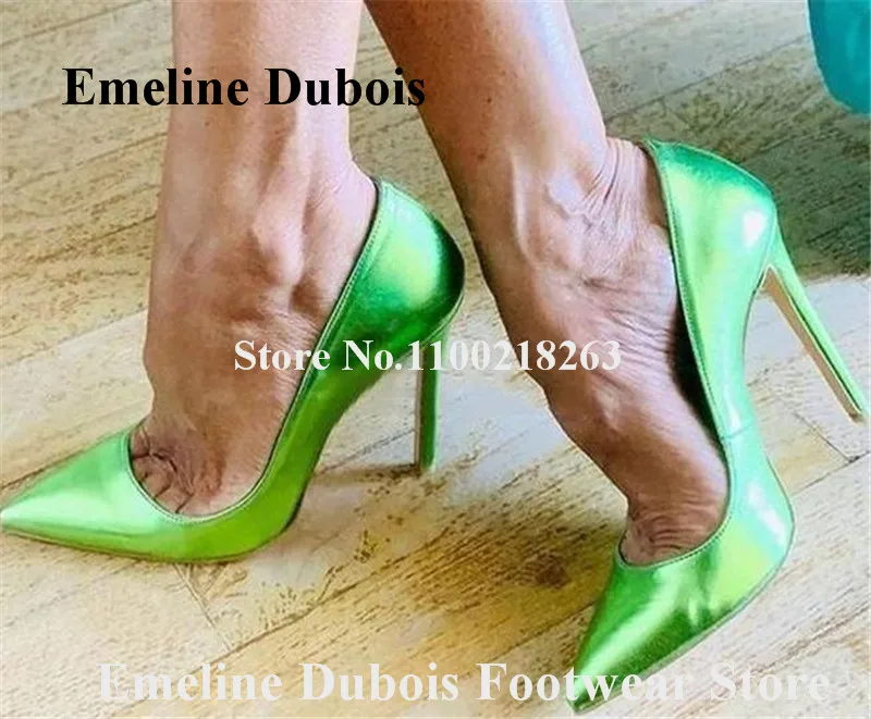 

Metal Fluorescent Green Leather Pumps Emeline Dubois Pointed Toe Slip-on 8cm 10cm 12cm Shallow High Heels Party Dress Shoes