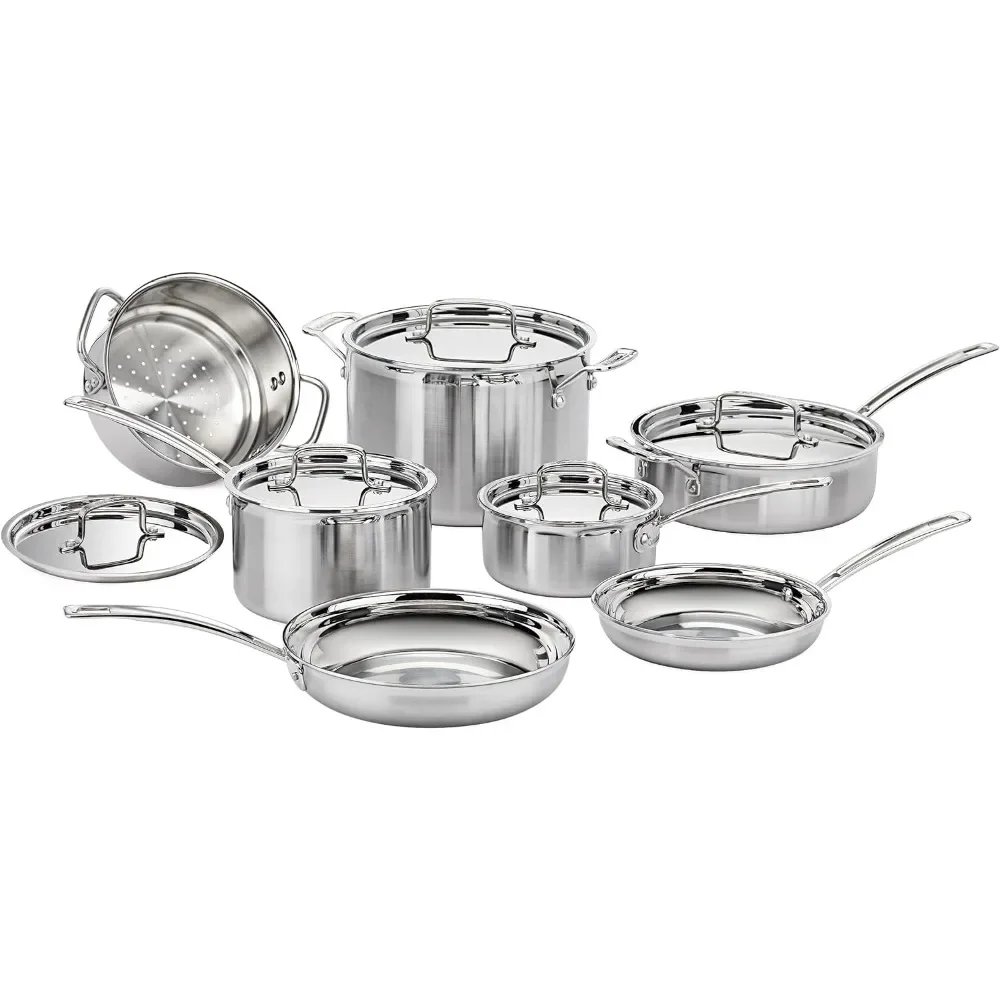 12 Piece Cookware Set,Three Layers,Polished Cooking Surface That Will Not Change Color and React with Food, Silver, Cookware Set