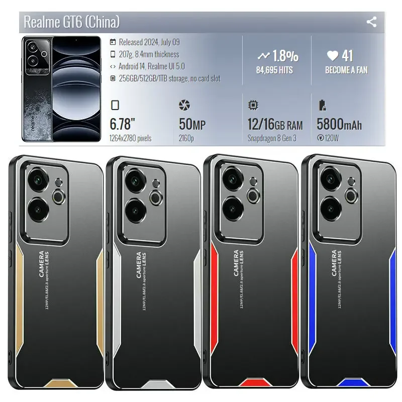 Realme-Coque de protection antichoc en métal Carimplantée au laser, coque arrière de luxe, pare-chocs GT6, Chine, 6.78"