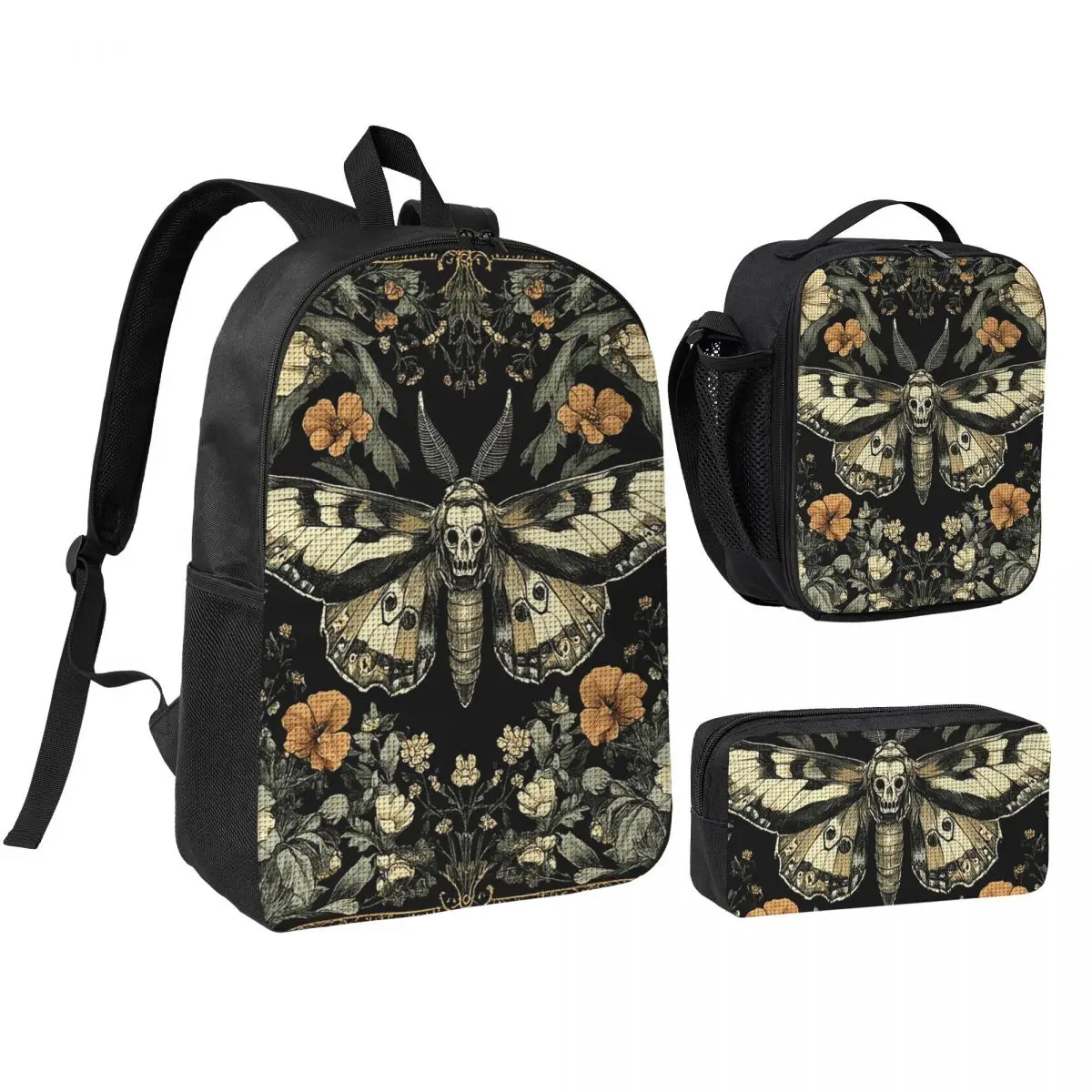 Gothic Skull Moth And Flower Design Backpack Student BookBag School Bag Shoulder Bags 3ps Insulated Lunch Bag Pencil Case