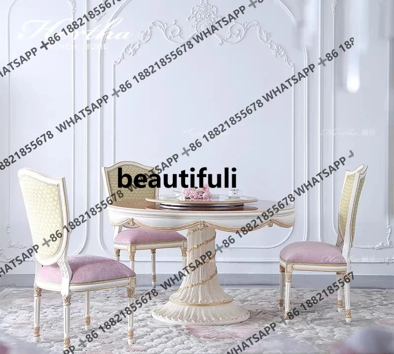 

Новое поступление, французский круглый обеденный стол и стул, сочетание высококачественного обеденного стола из цельного дерева для маленькой квартиры с поворотным столом для столовой