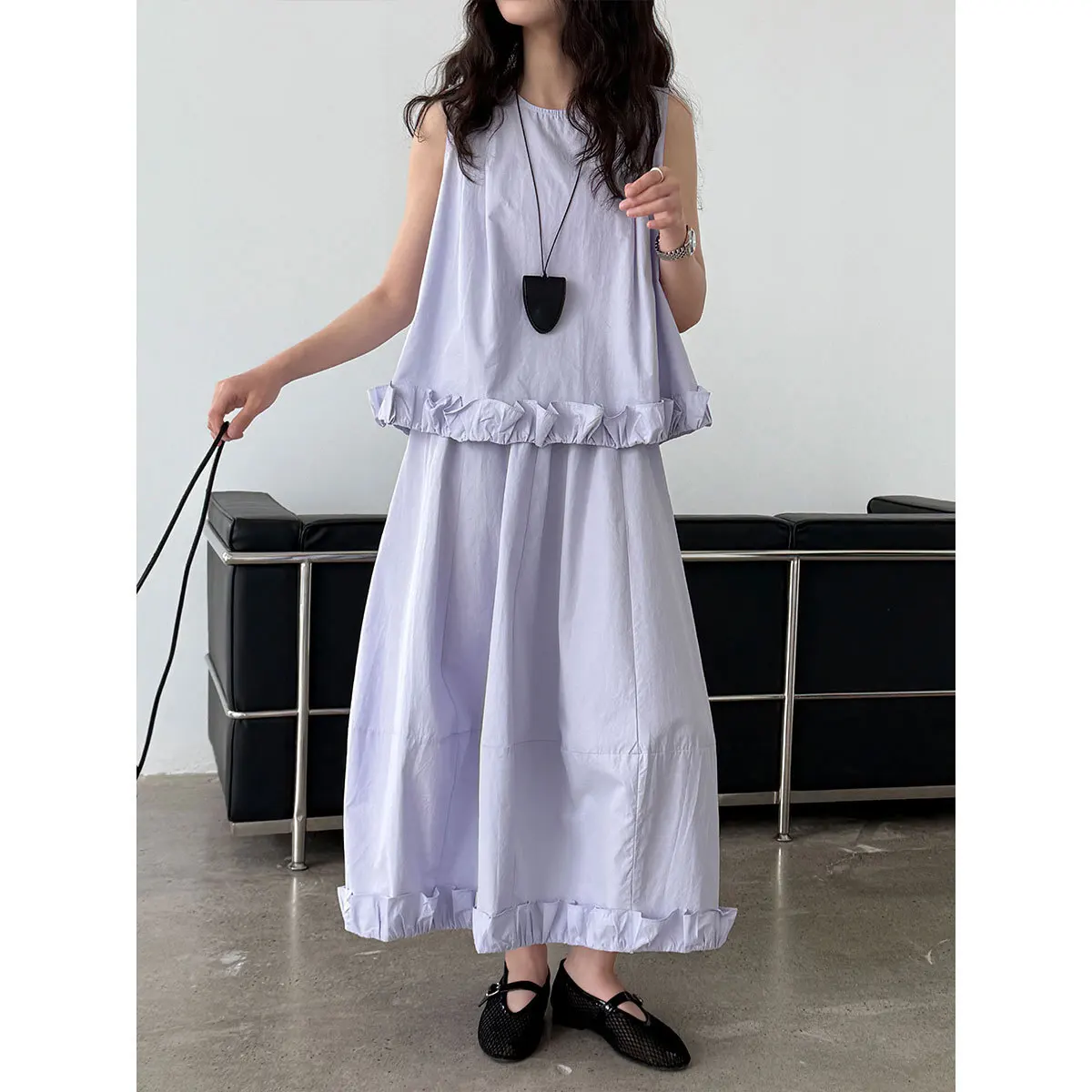 

Fold Ruffle Tank Top+half Skirt Women's Summer Dress Set