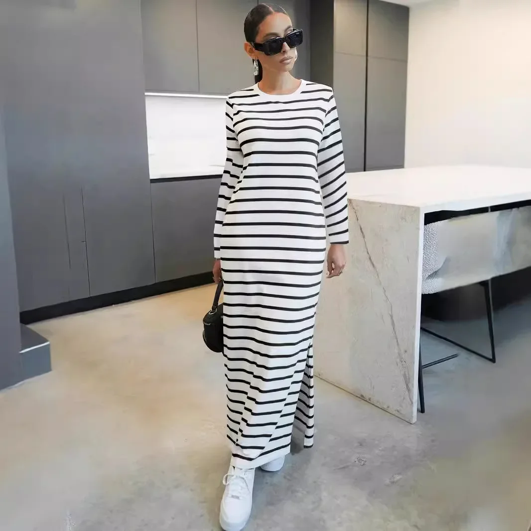 

Dress for Women Autumn Fashion Striped Print Simple Casual Long Sleeve Slit Dress Vestidos De Noche Juveniles Sexy Dresses