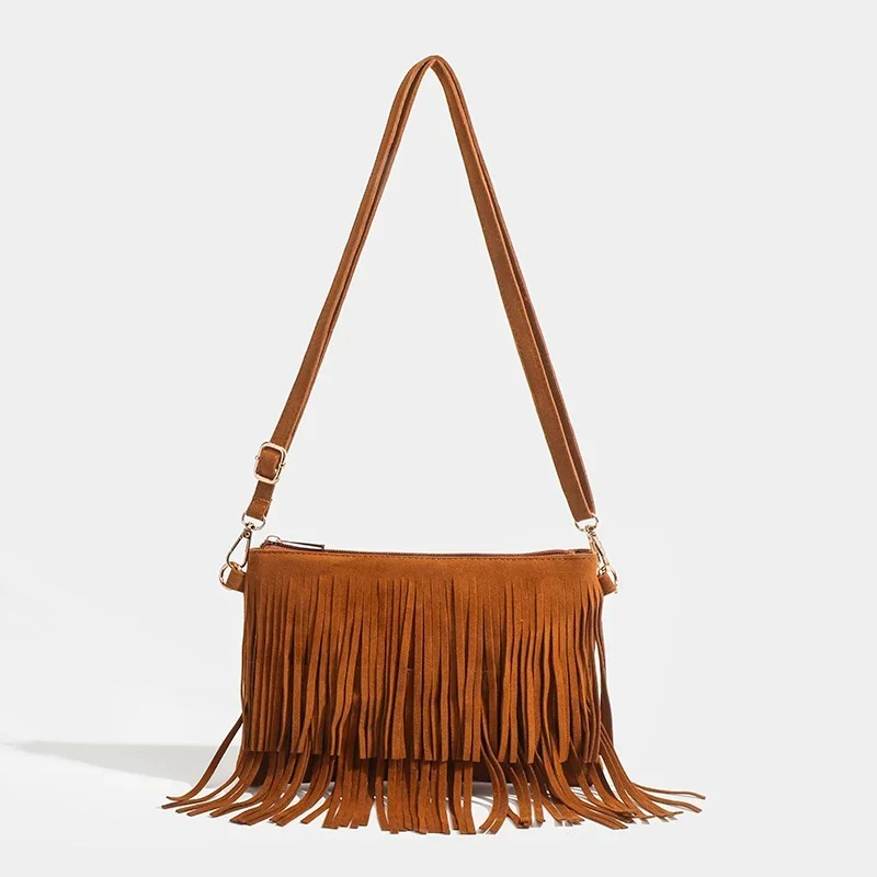 2024 New Women\'s Shoulder Bag Fashion Trend Zipper Shopping Large Capacity Solid Color Tassel Suede Women\'s Shoulder Bag