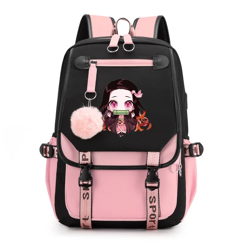 Bonito Kamado Nezuko Padrão Mochila Novo Adolescente Casual Anime Mochila Kamado Nezuko Mochila USB Zíper Mochila