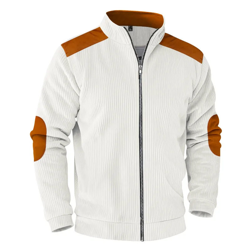 Herren Stehkragen Cordjacke, Farbblock-Design, Reißverschluss-Mantel, Retro, Locker Geschnitten, Lässig, Langarm, Herbst-Winter, Alltag, Streetwear – Detail 2