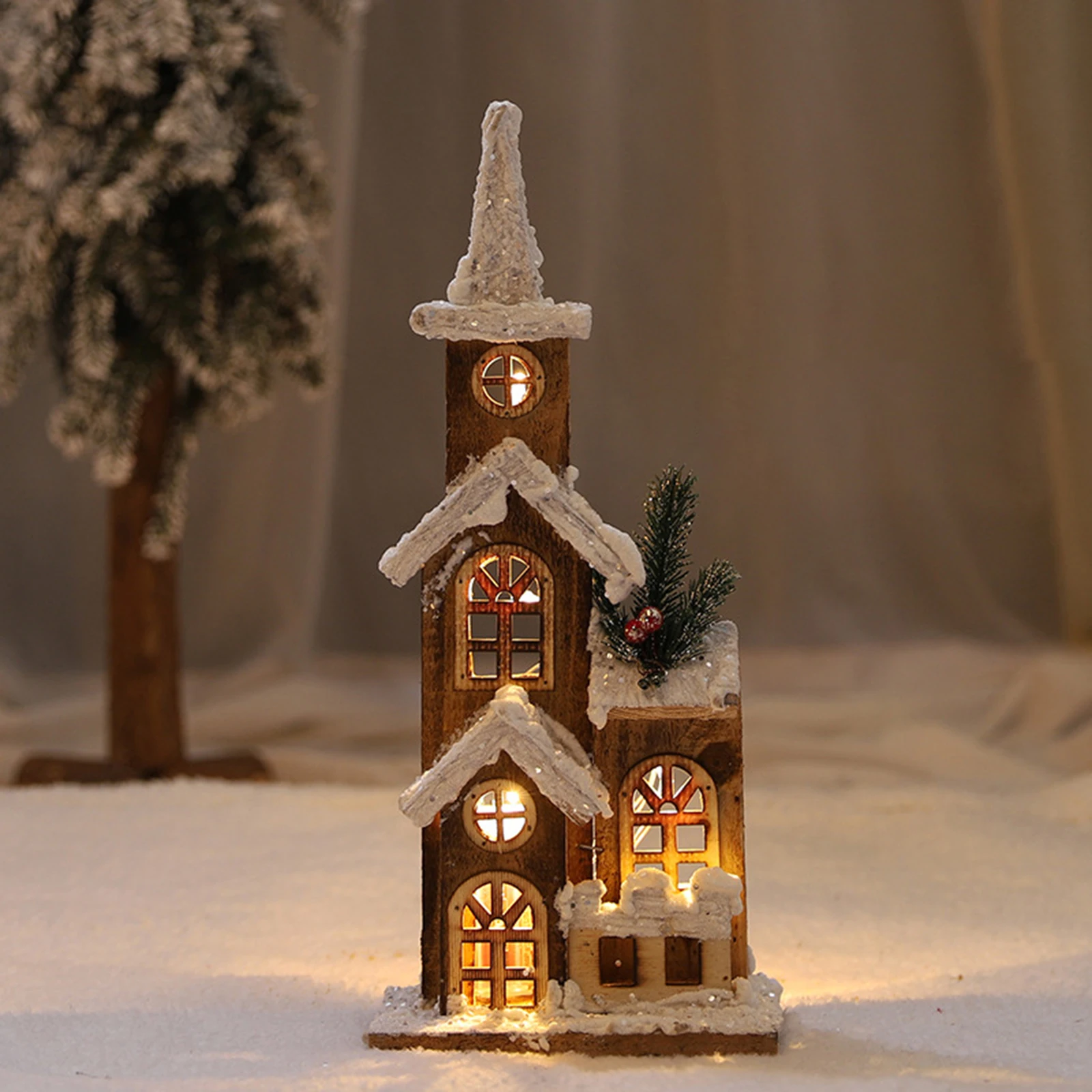 Christmas LED Wooden House Christmas Town Scene Figurines Ornaments Christmas Decoration for Xmas Party Festival Holiday Winter