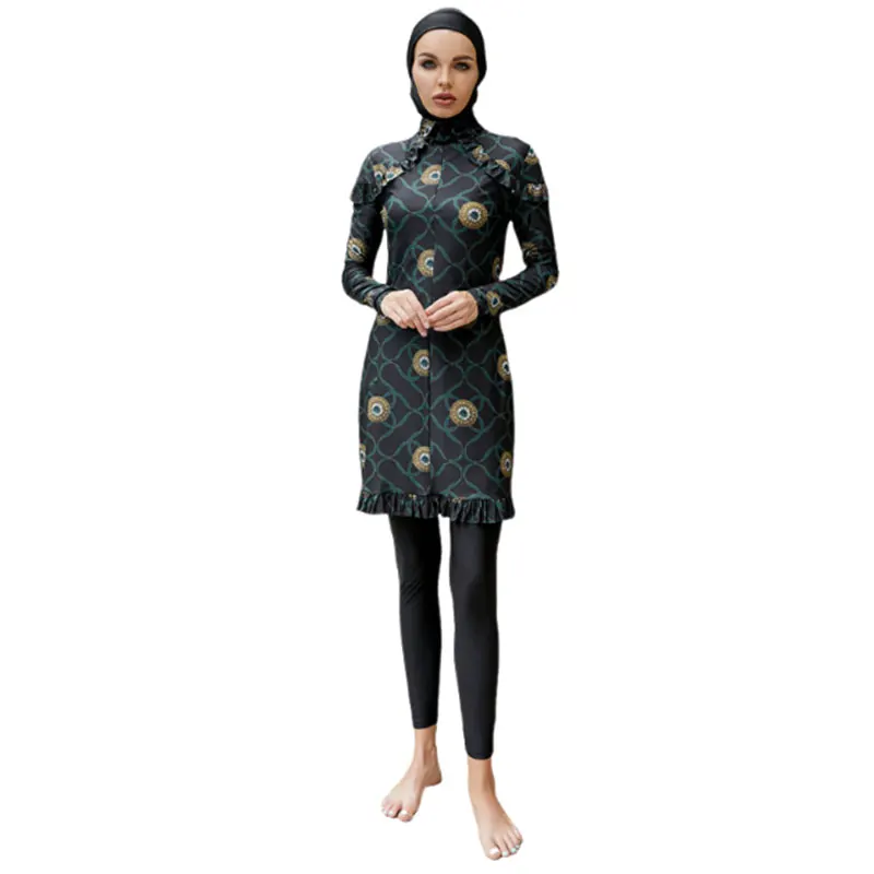

Fashion Slim Muslim Swimsuit Burkini for Women With Hijab Black Dress With Green Gold Pattern Shoulder With Ruffles