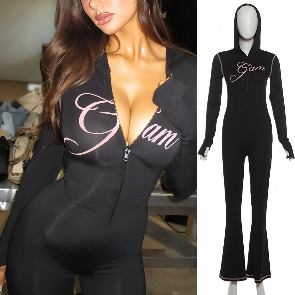 

FAGADOER Fashion Letter Printting Bodycon Jumpsuits Woman Solid Color Long Sleeves Hooded Rompers Female Streetwear Overalls New