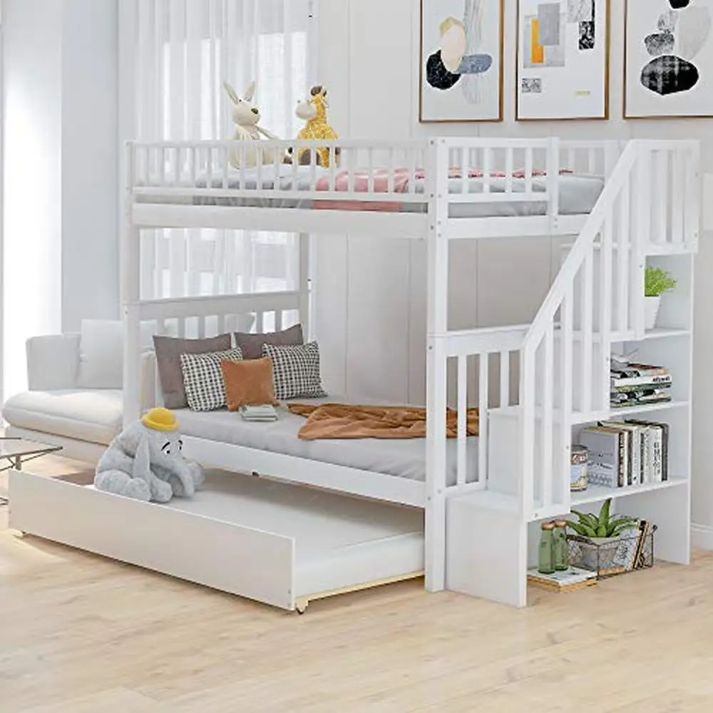 Solid Wood Twin Bunk Bed with Stairs Trundle & Storage 3 Separate Beds Sturdy Pine Frame White Wood Finish 300lb Capacity