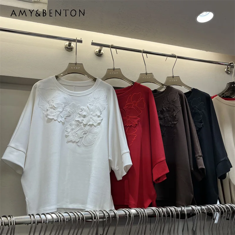 

High-end Three-dimensional Flower White Short-sleeved T-shirt Women Summer 2025 New Y2k Versatile Youthful Beautiful Top Tshirts