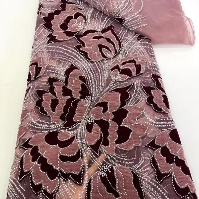 Bead and Sequin Embroidery on Velvet Mesh Fabric for DIY Sewing Wedding Dress Garment Accessories Clothing Fashion Cloth