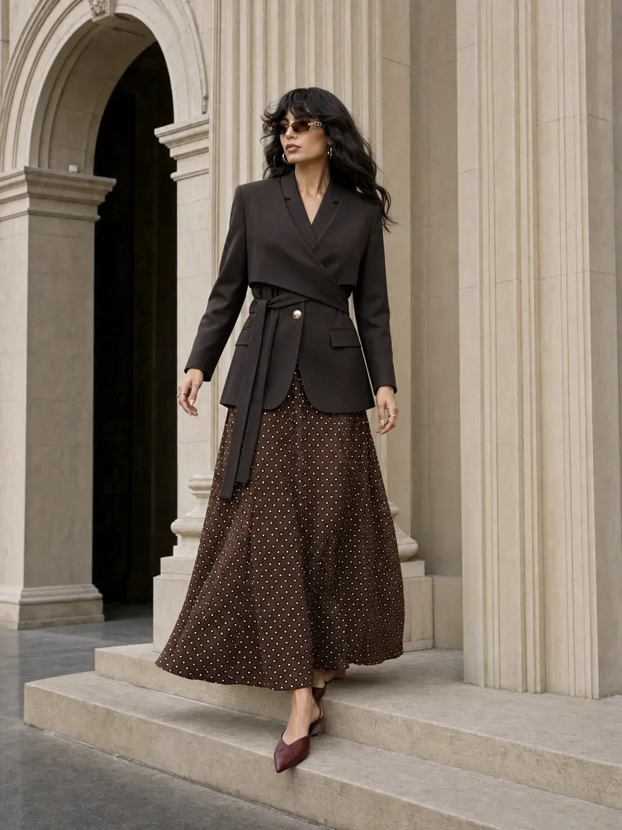 RU Women Wrap Cross Blazer Belted Waist Single Button Long Sleeve Suit Jacket
