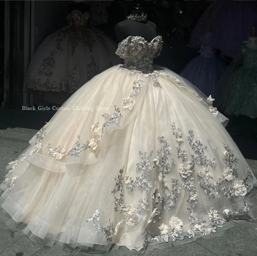 Sparkling Princess Quinceanera Dress 2024 Ivory Tulle Crystal Beaded Mexican Sweetheart A-line Dress Xv years dresses