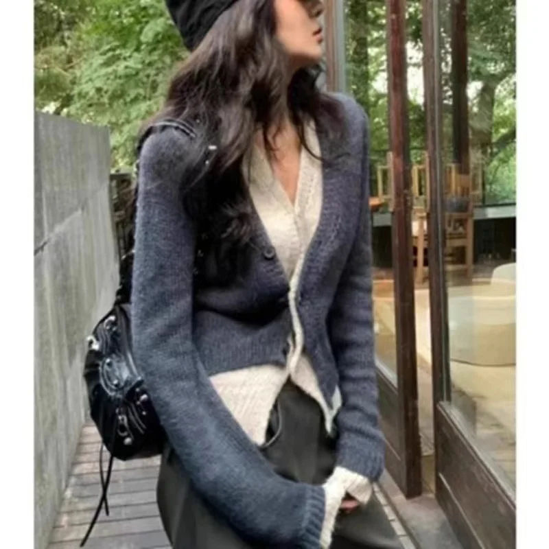 

Lazy Style Knitted Cardigan Women Autumn and Winter Fake Two Piece V-neck Top Coat