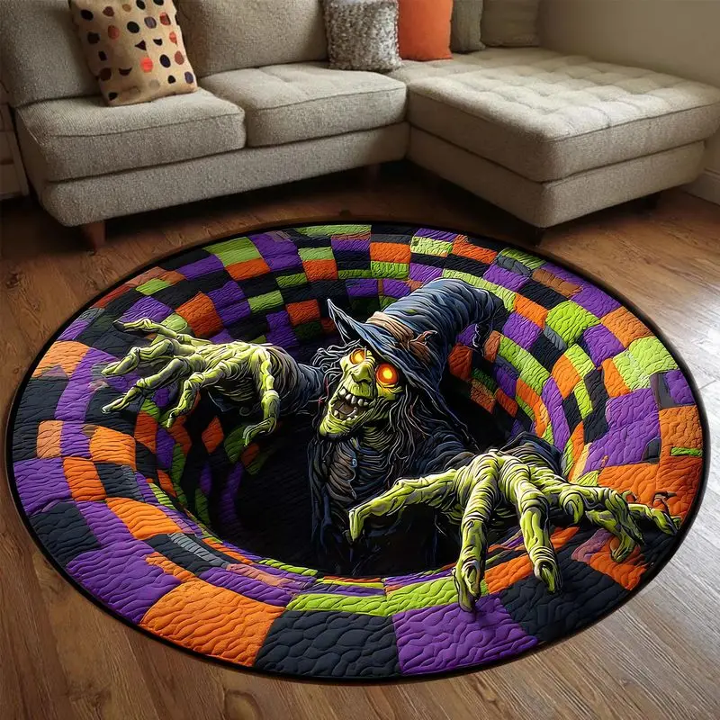 VIKAMA 3D Optical Illusion Witch Round Rug Spooky Halloween Non-Slip Area Mat Living Room Bedside Holiday Decor