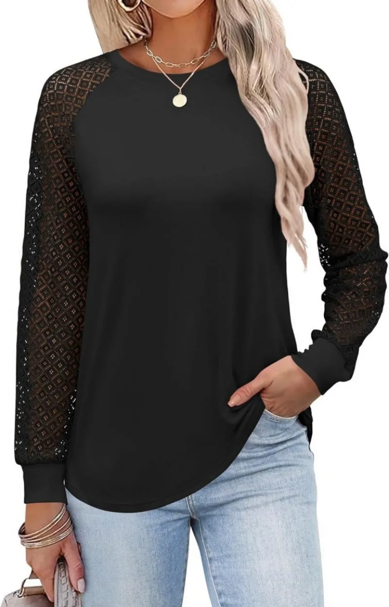 

Fashion Lace Patchwork Blouses Women O-Neck Long Sleeve Casual Shirts Elegant Ladies Loose Fit Solid Color Blouse Tops Autumn