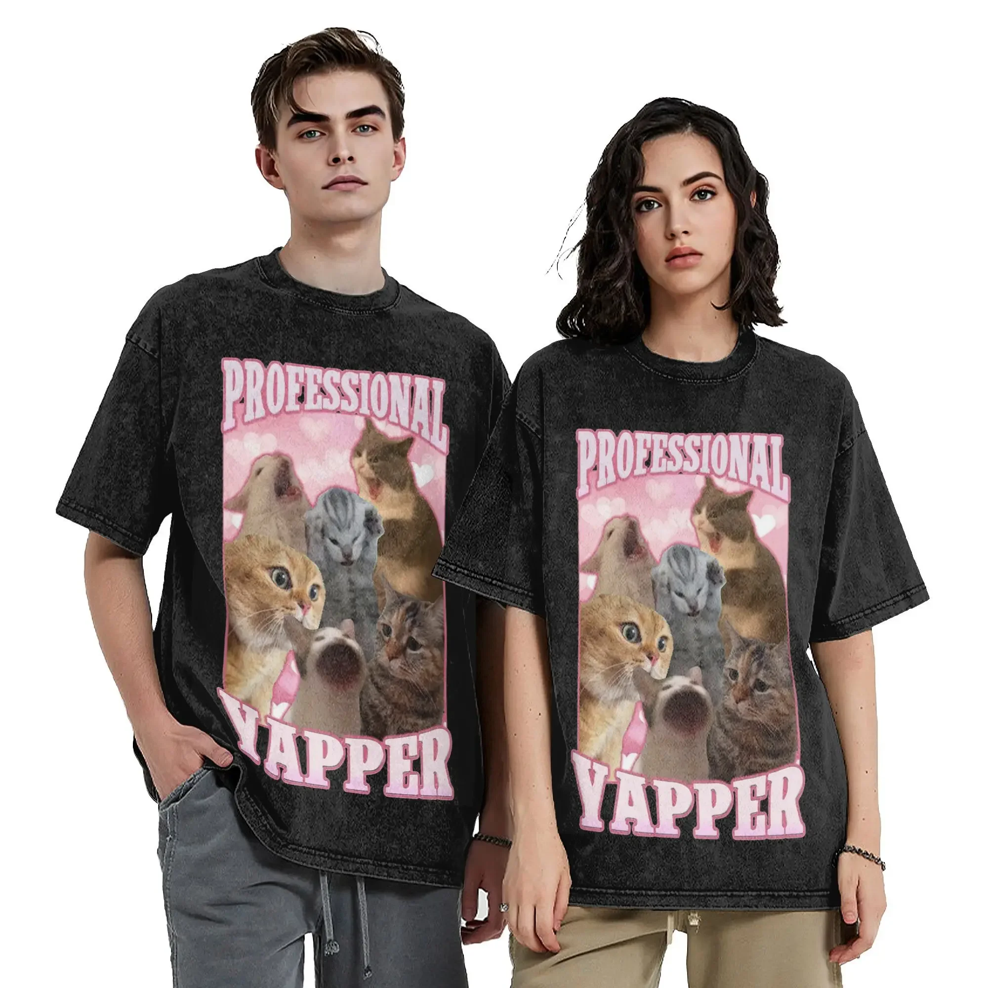 Men Women Professional Yapper Funny Cat Meme Shirt Graphic Washed Vintage Kawaii Kitten Cats Lover Novelty T-Shirts