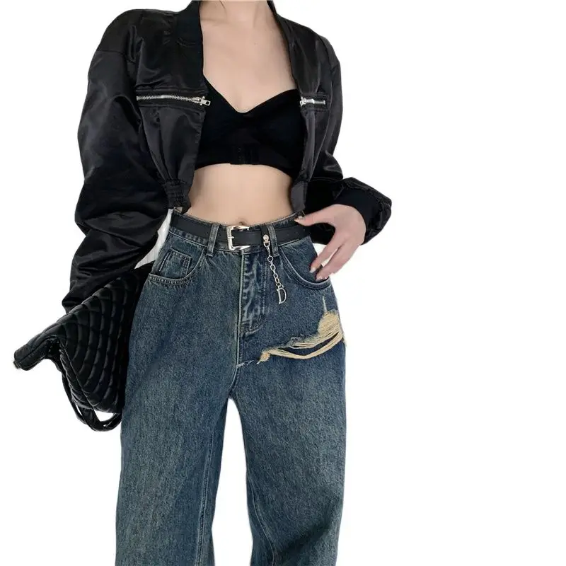 

Winter Autumn Women Cotton Jeans Grinding Washed Loose High Waist Straight Legs Soft Denim Pants for Fashion Girls