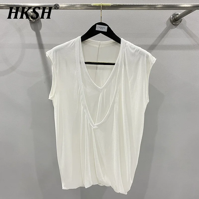 HKSH Summer Spring New Men\'s Tide Dark Sexy Double Layered V-neck Solid Sleeveless Tees Fashion Knit Tank Tops Chic Vest HK1399