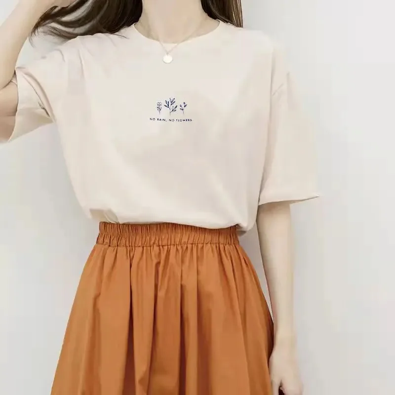 

Women Letter Floral Print T-shirts Summer Female O-Neck Short Sleeve Korean Student Streetwear Tee Tops