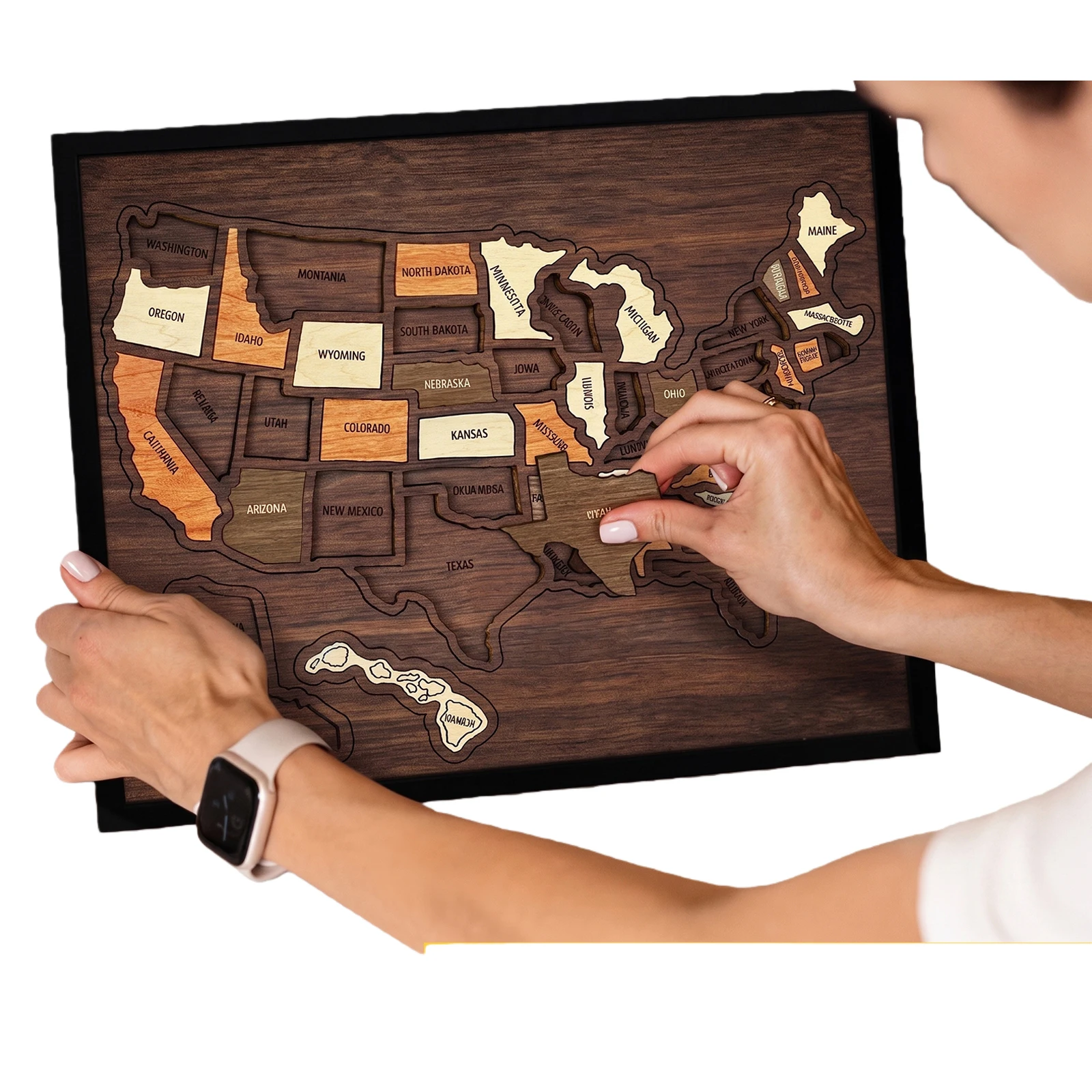 Wooden USA Maps Puzzle Reusable Landmarks Cork Travel Map Multi-Purpose Portable Wooden Puzzle for Home Decor Remarks