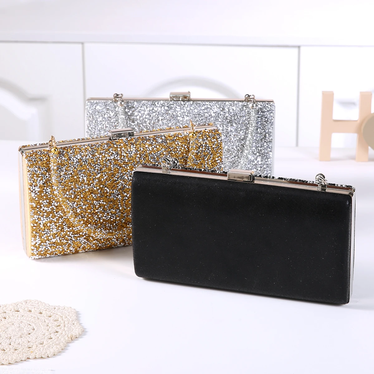 Fashion Designer Women Evening Bag Rhinestone Silver Gold Clutches Ladies Banquet Wedding Dinner Long Purse Female Handbag