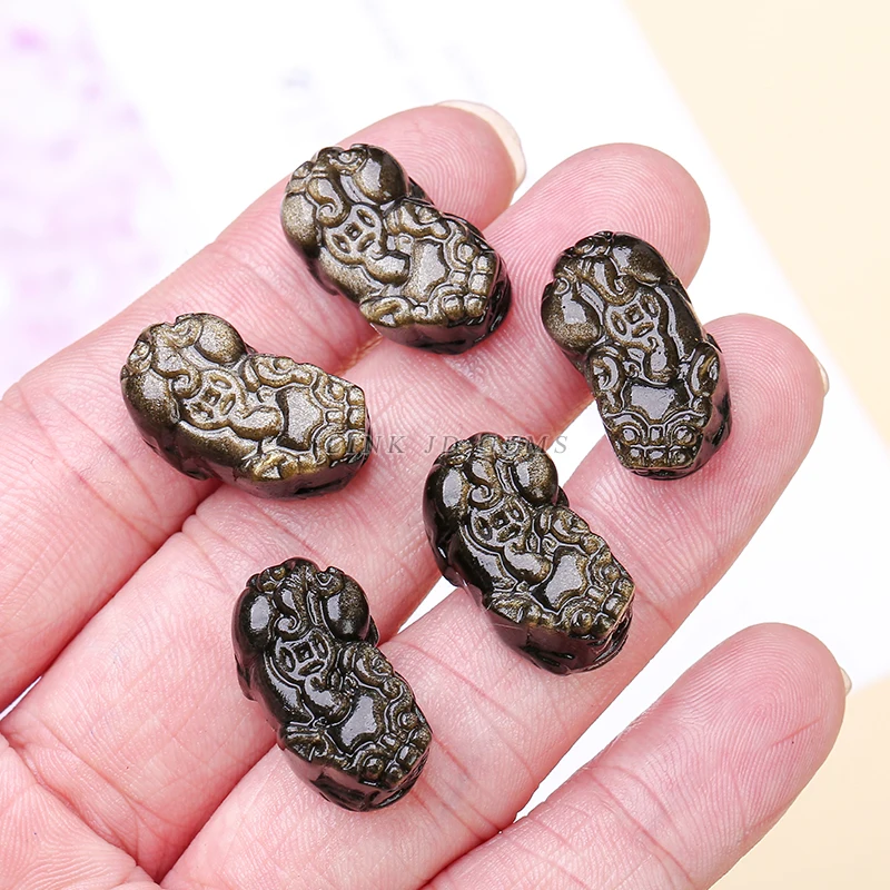 Natural Gold Obsidian Pixiu Carved Bead Through Hole Lucky Guardian Bead for Bracelet Necklace Jewelry Making